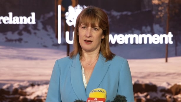 British Chancellor Rachel Reeves speaking to the press during her visit to Northern Ireland