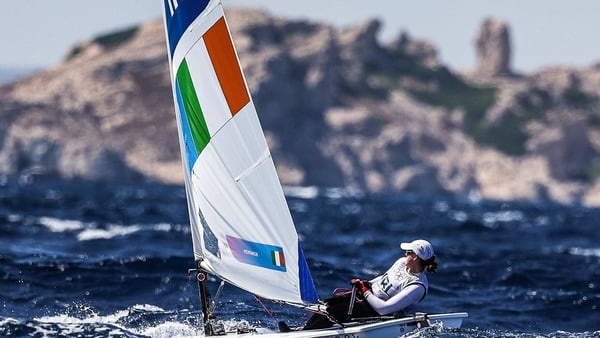 Eve McMahon of Team Ireland in action during the women's dinghy series race at Marseille Marina during the 2024 Paris Summer Olympic Games