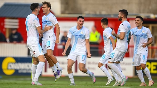 Toni Fruk celebrates Rijeka's first goal against Shelbourne at Tolka Park