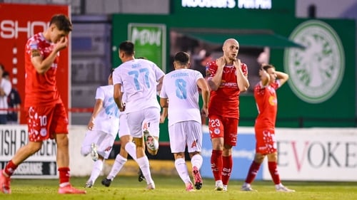 Shels players react after Rijeka score their second goal of the night