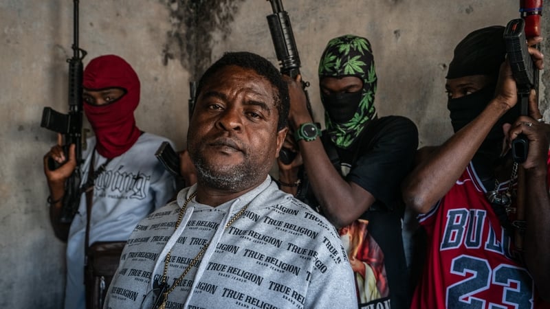 Gang leader Jimmy 'Barbecue' Cherizier with G-9 federation gang members in the Delmas 3 area of Port-au-Prince, Haiti