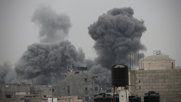 Smoke rises over buildings in Khan Yunis, Gaza