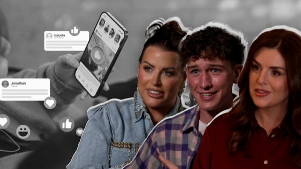 Image depicting three faces on a social media-themed backdrop