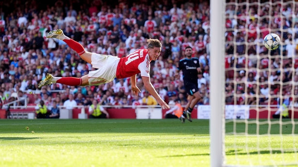 Arsenal's Viktor Gyokeres has a shot on goal during an Emirates Cup match at Emirates Stadium