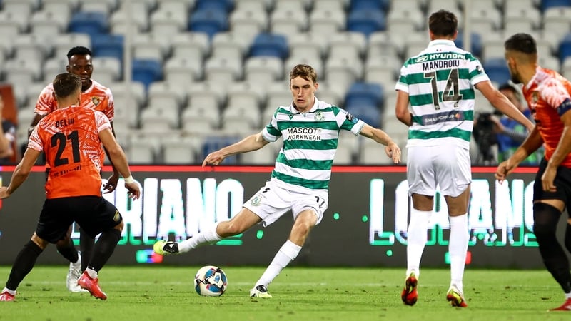 Matt Healy (C) in action against Ballkani in Pristina, Kosovo