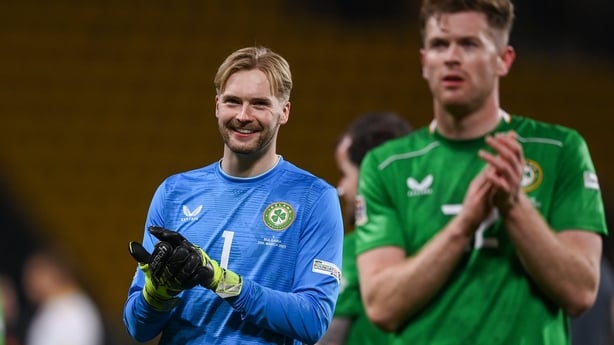 Plovdiv , Bulgaria - 20 March 2025; Republic of Ireland players goalkeeper Caoimhin Kelleher, left, and Nathan Collins after the UEFA Nations League B/C Play-off 1st Leg match between Bulgaria and Republic of Ireland at Hristo Botev Stadium in Plovdiv, Bulgaria. (Photo By Stephen McCarthy/Sportsfile