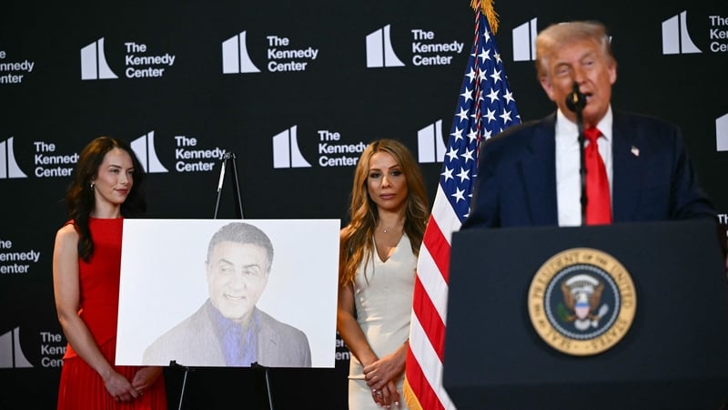 US President Donald Trump addresses the media as the actor Sylvester Stallone is unveiled as one of the Kennedy Center Honors nominees at the Kennedy Center in Washington, DC