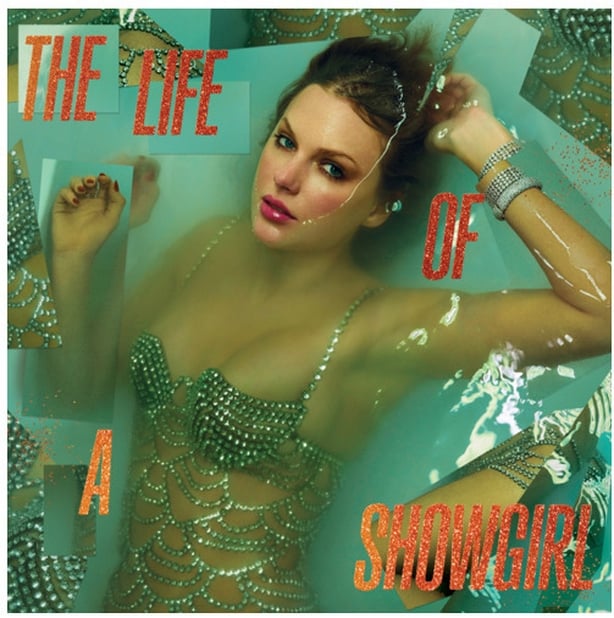 A sequinned Taylor Swift in a pool of water on the cover of her new album, The Life of a Showgirl