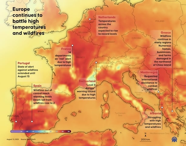 An infographic titled "Europe continues to battle high temperatures and wildfires" created in Ankara, Turkiye on August 13, 2025. (Photo by Omar Zaghloul/Anadolu via Getty Images)