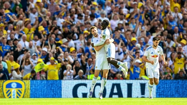 9 August 2025; Anton Stach, left, is congratulated by his Leeds United team-mate Wilfried Gnonto, right, after scoring their side's first goal during the pre-season friendly match between Leeds United and AC Milan at the Aviva Stadium in Dublin. Photo by Stephen McCarthy/Sportsfile