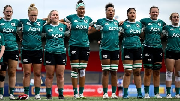 2 August 2025; Ireland players stand for the national anthem ahead of the Women's Rugby World Cup warm-up match between Ireland and Scotland at Virgin Media Park in Cork. Photo by Shauna Clinton/Sportsfile