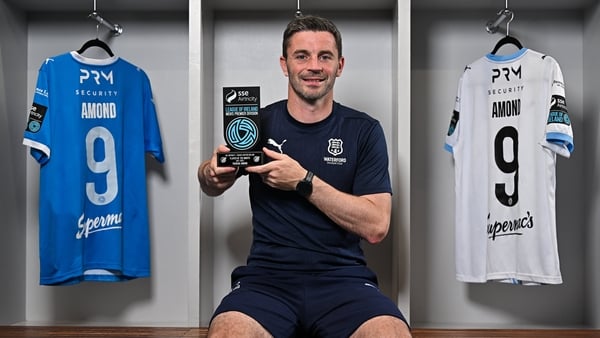 14 August 2025; Padraig Amond of Waterford poses for a portrait with his SSE Airtricity / SWI Player of the Month Award for July 2025 at the Waterford Regional Sports Centre in Waterford. Photo by Sam Barnes/Sportsfile