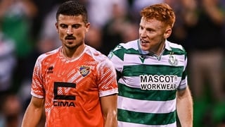 14 August 2025; Rory Gaffney of Shamrock Rovers celebrates in the face of Arber Potoku of Ballkani after scoring his side's first goal during the UEFA Conference League Third Qualifying Round second leg match between Shamrock Rovers and Ballkani at Tallag
