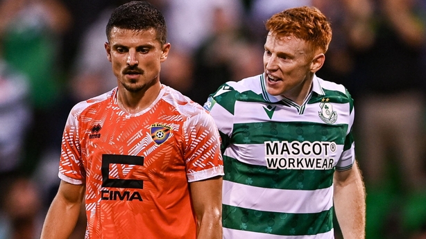 14 August 2025; Rory Gaffney of Shamrock Rovers celebrates in the face of Arber Potoku of Ballkani after scoring his side's first goal during the UEFA Conference League Third Qualifying Round second leg match between Shamrock Rovers and Ballkani at Tallaght Stadium in Dublin. Photo by Ben McShane/Sp