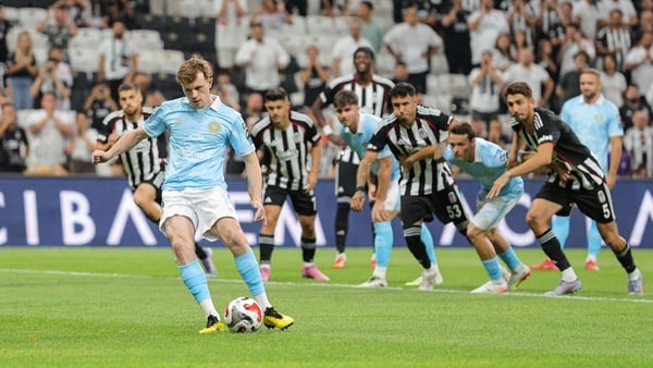 14 August 2025; Conor Carty of St Patrick's Athletic scores his side's first goal from a penalty during the UEFA Conference League Third Qualifying Round second leg match between Besiktas and St Patrick's Athletic at Besiktas Stadium in Istanbul, Türkiye.