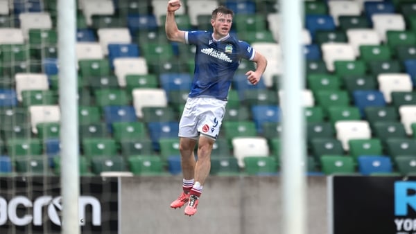 Linfield's Kieran Offord celebrates scoring their side's first goal of the game during the UEFA Conference League, third qualifying round, second leg match at Windsor Park