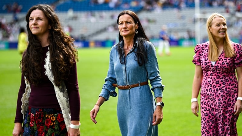 Marcella Heffernan (c) on the pitch as the Mayo 1999 and 2000 All-Ireland winning teams were honoured at Croke Park
