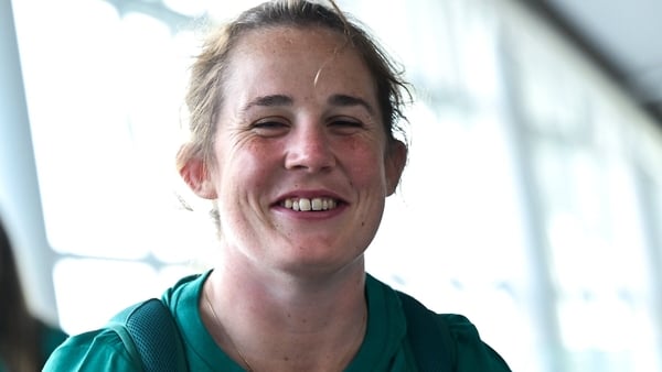 14 August 2025; Enya Breen at Dublin Airport ahead of the Ireland Women Rugby team's departure to the UK for the 2025 Women's Rugby World Cup. Photo by Shauna Clinton/Sportsfile