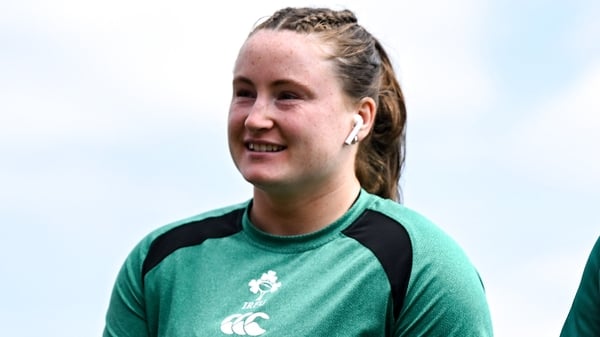 2 August 2025; Ireland players Méabh Deely, left, and Sadhbh McGrath inspect the pitch before the Women's Rugby World Cup warm-up match between Ireland and Scotland at Virgin Media Park in Cork. Photo by Shauna Clinton/Sportsfile