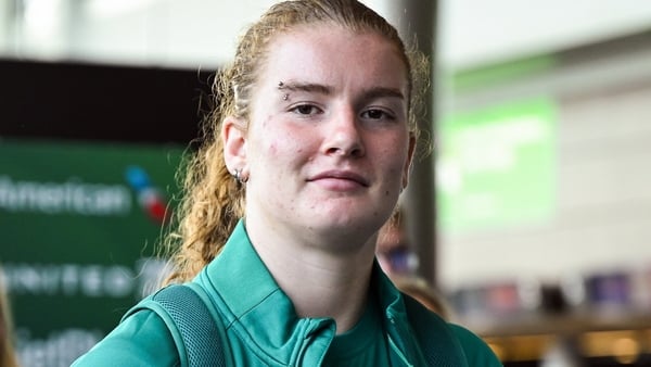 14 August 2025; Ruth Campbell, right, and Nancy McGillivray at Dublin Airport ahead of the Ireland Women Rugby team's departure to the UK for the 2025 Women's Rugby World Cup. Photo by Shauna Clinton/Sportsfile