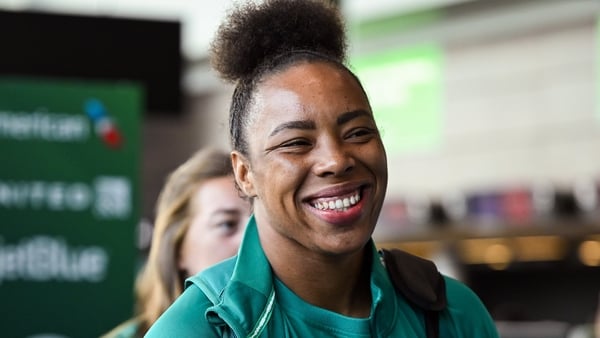 14 August 2025; Grace Moore, right, and Méabh Deely at Dublin Airport ahead of the Ireland Women Rugby team's departure to the UK for the 2025 Women's Rugby World Cup. Photo by Shauna Clinton/Sportsfile
