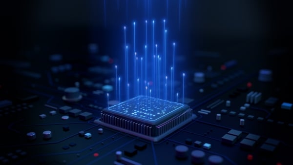 Artificial intelligence Revolution, Smart microchip, Computer, Digital Technology Background , 3D rendering.
