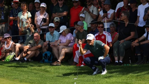 BIRKEROD, DENMARK - AUGUST 15: Rasmus Hojgaard of Denmark lines up a chip on the 8th hole on day two of the Danish Golf Championship 2025 at Furesø Golfklub on August 15, 2025 in Birkerod, Denmark. (Photo by Luke Walker/Getty Images)