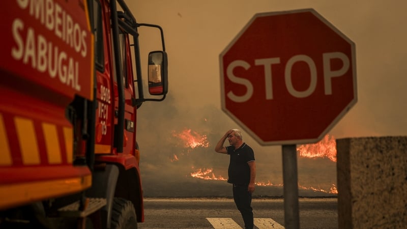 A man stands in a burning road next to a firefighter truck during a wildfire in Benvende village, in Trancoso, Portugal
