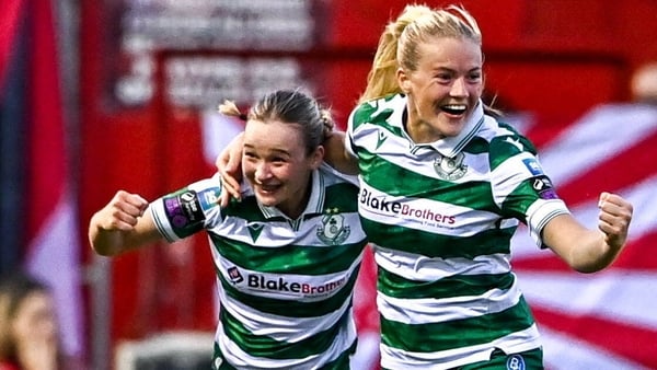 15 August 2025; Anna Butler of Shamrock Rovers, left, celebrates with teammate Emily Corbet after scoring their side's second goal during the Sports Direct Women's FAI Cup quarter-final match between Shelbourne and Shamrock Rovers at Tolka Park in Dublin.