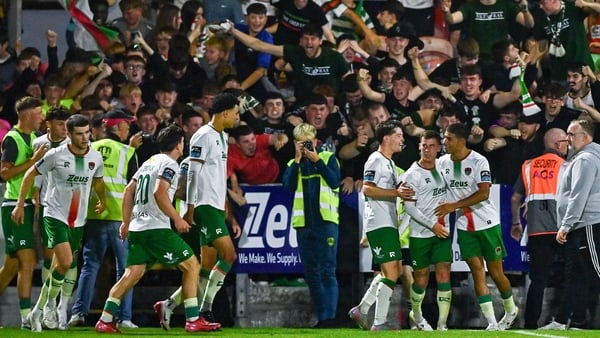 15 August 2025; Kaedyn Kamara of Cork City, right, celebrates with teammates after scoring their side's second goal during the Sports Direct Men’s FAI Cup third round match between Cork City and Waterford at Turner's Cross in Cork. Photo by Tyler Miller/S