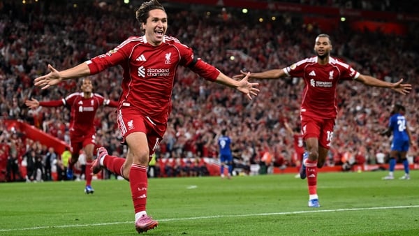 Federico Chiesa of Liverpool celebrates scoring his team's third goal during the Premier League match between Liverpool and Bournemouth at Anfield