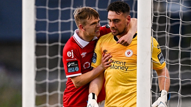 15 August 2025; Sligo Rovers goalkeeper Sam Sargeant, right, is congratulated by teammate Ciaron Harkin after saving a penalty during the Sports Direct Men's FAI Cup third round match between Bohemians and Sligo Rovers at Dalymount Park in Dublin. Photo by Seb Daly/Sportsfile