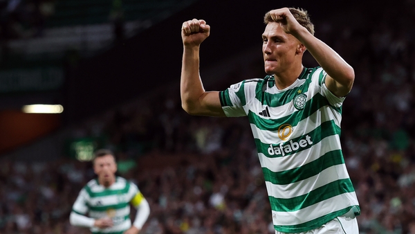 GLASGOW, SCOTLAND - AUGUST 15: Dane Murray of Celtic celebrates scoring his team's third goal during the Premier Sports League Cup match between Celtic and Falkirk at Celtic Park on August 15, 2025 in Glasgow, Scotland. (Photo by Ian MacNicol/Getty Images