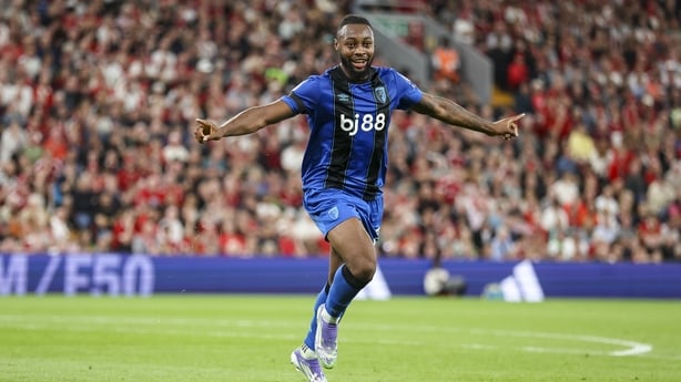 LIVERPOOL, ENGLAND - AUGUST 15: Antoine Semenyo of Bournemouth celebrates after he scores a goal to make it 2-2 during the Premier League match between Liverpool and Bournemouth at Anfield on August 15, 2025 in Liverpool, England. (Photo by Robin Jones - AFC Bournemouth/AFC Bournemouth via Getty Ima