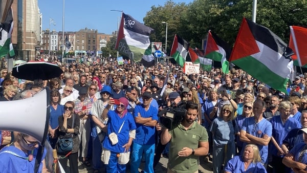 Healthcare workers hold a protest at Stephen's Green in solidarity with colleagues in Gaza