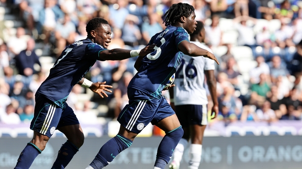 PRESTON, ENGLAND - AUGUST 16: Jeremy Monga of Leicester City celebrates with Abdul Fatawu of Leicester City after scoring to make it 1-1 during the Sky Bet Championship match between Preston North End and Leicester City at Deepdale Stadium on August 16, 2025 in Preston, United Kingdom. (Photo by Plu