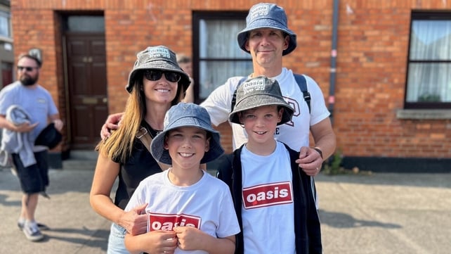 Oasis fans Anthony and Tara Hayes (back left and right) with Paudie and Nicky Hayes (front left and right), outside Croke Park, ahead of the first night of the Oasis Live '25 tour in Dublin
