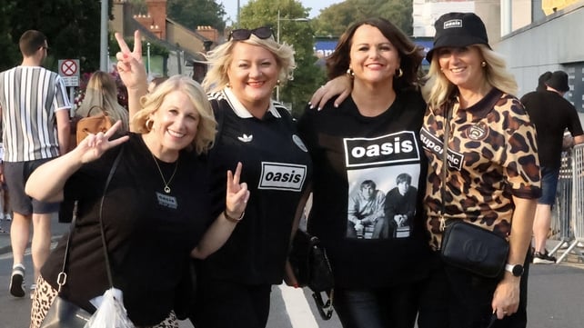 Oasis fans Clare Booth, Amanda Bateman, Sharon O'Keeffe, and Jo Finn from Birmingham outside Croke Park. Photo: Sasko Lazarov/© RollingNews.ie