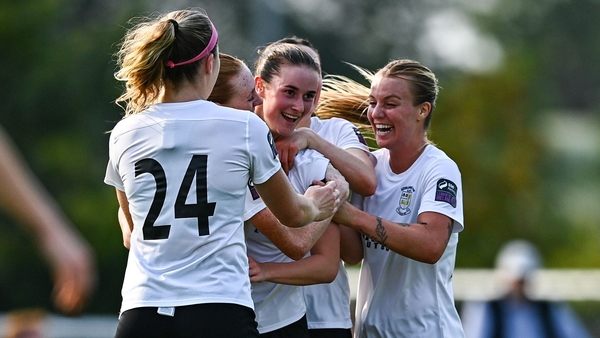 16 August 2025; Aoife O'Connor of Athlone Town, centre, celebrates with team-mates after scoring their side's first goal during the Sports Direct Women's FAI Cup quarter-final match between Peamount United and Athlone Town at Greenogue Park in Newcastle,