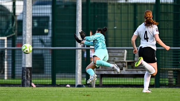 16 August 2025; Athlone Town goalkeeper Maria Matthaiou makes a save in the final moments during the Sports Direct Women's FAI Cup quarter-final match between Peamount United and Athlone Town at Greenogue Park in Newcastle, Dublin. Photo by Tyler Miller/Sportsfile