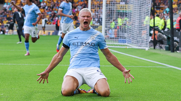 WOLVERHAMPTON, ENGLAND - AUGUST 16: Erling Haaland of Manchester City celebrates after scoring their side's third goal during the Premier League match between Wolverhampton Wanderers and Manchester City at Molineux on August 16, 2025 in Wolverhampton, England. (Photo by James Gill - Danehouse/Getty 
