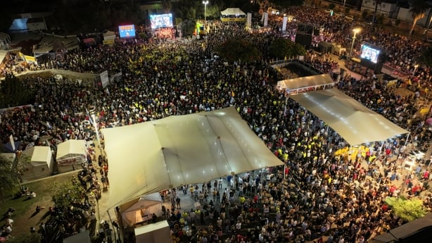 People stage a protest to demand an end to the war in Gaza and the release of Israeli hostages at "Hostages Square" in Tel Aviv, Israel.