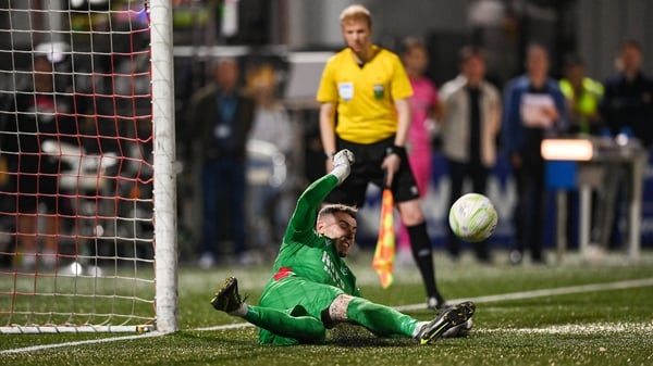 16 August 2025; Drogheda United goalkeeper Luke Dennison saves the first penalty in the penalty shootout of the Sports Direct Men’s FAI Cup third round match between Derry City and Drogheda United at The Ryan McBride Brandywell Stadium in Derry. Photo by