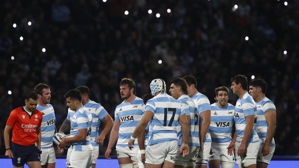 Players of Argentina Pumas react