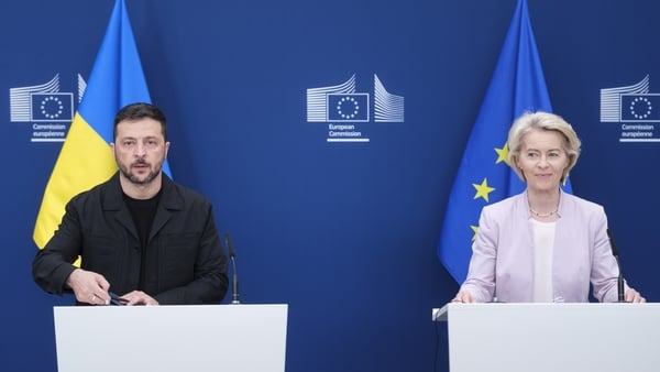 President of Ukraine Volodymyr Zelenskyy and the EU Commission President Ursula von der Leyen talk to media prior a virtual meeting with EU leaders in the EU Commission headquarters