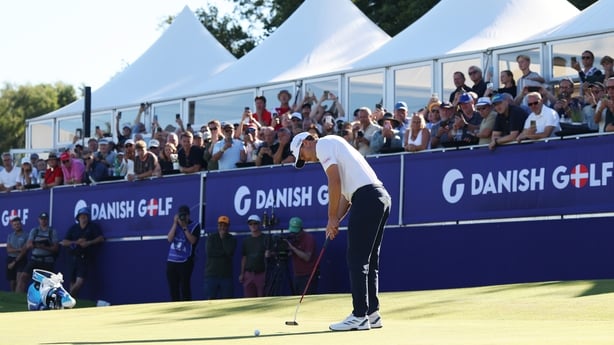 BIRKEROD, DENMARK - AUGUST 17: Rasmus Hojgaard of Denmark putts on the 18th green on day four of the Danish Golf Championship 2025 at Furesø Golfklub on August 17, 2025 in Birkerod, Denmark. (Photo by Luke Walker/Getty Images)