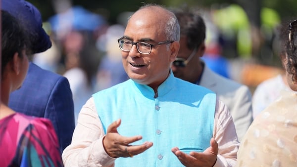 Indian ambassador to Ireland Akhilesh Mishra seen with people attending the India Day Festival at Merrion Square Park