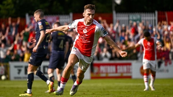 17 August 2025; Mason Melia of St Patrick's Athletic celebrates after scoring his side's first goal during the Sports Direct Men’s FAI Cup third round match between St Patrick's Athletic and Shelbourne at Richmond Park in Dublin. Photo by Ben McShane/Spor