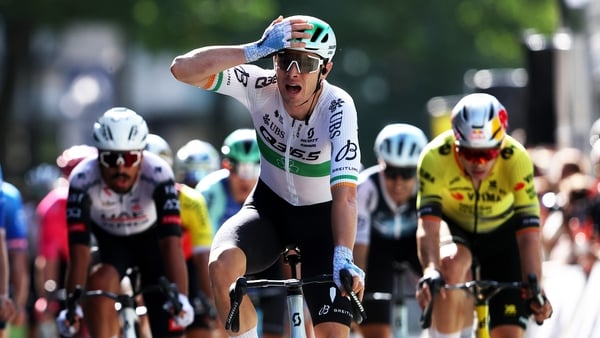 Rory Townsend of Ireland and Q36.5 Pro Cycling Team celebrates at finish line as race winner during the 28th Hamburg Cyclassics 2025