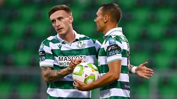 Graham Burke of Shamrock Rovers, right, celebrates with team-mate Danny Grant after scoring their side's winning goal against Longford Town in third round of 2025 FAI Cup